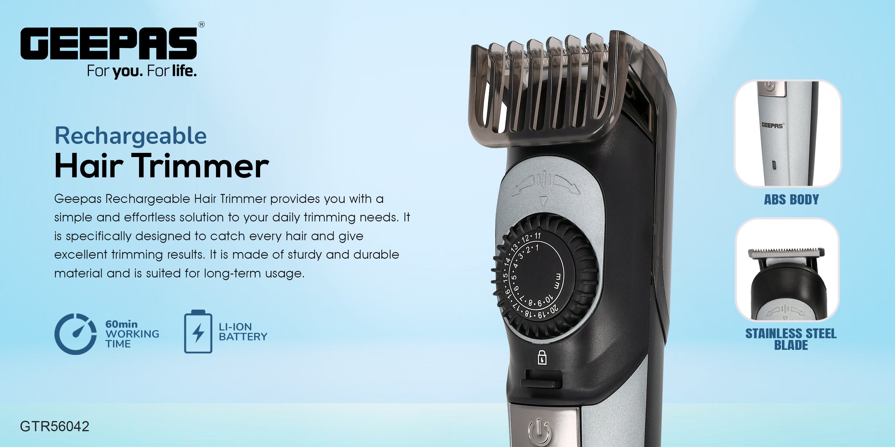 Rechargeable Hair Trimmer ION Battery GTR56042 - Stainless Steel Blade, Hair Clipper And Beard Trimmer With Sharp Blades, USB Charging 2 Comb Different Cutting Length Black