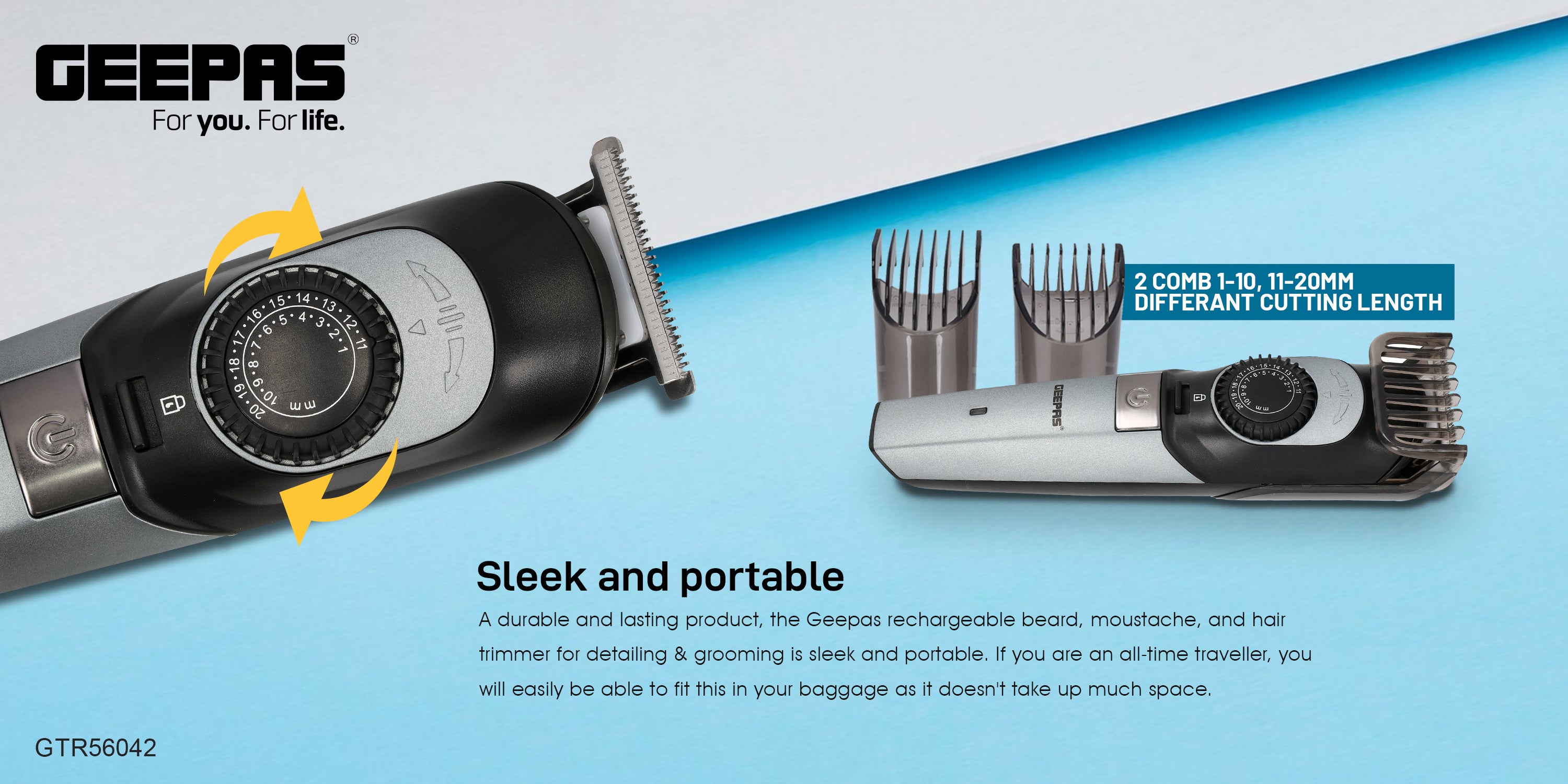 Rechargeable Hair Trimmer ION Battery GTR56042 - Stainless Steel Blade, Hair Clipper And Beard Trimmer With Sharp Blades, USB Charging 2 Comb Different Cutting Length Black