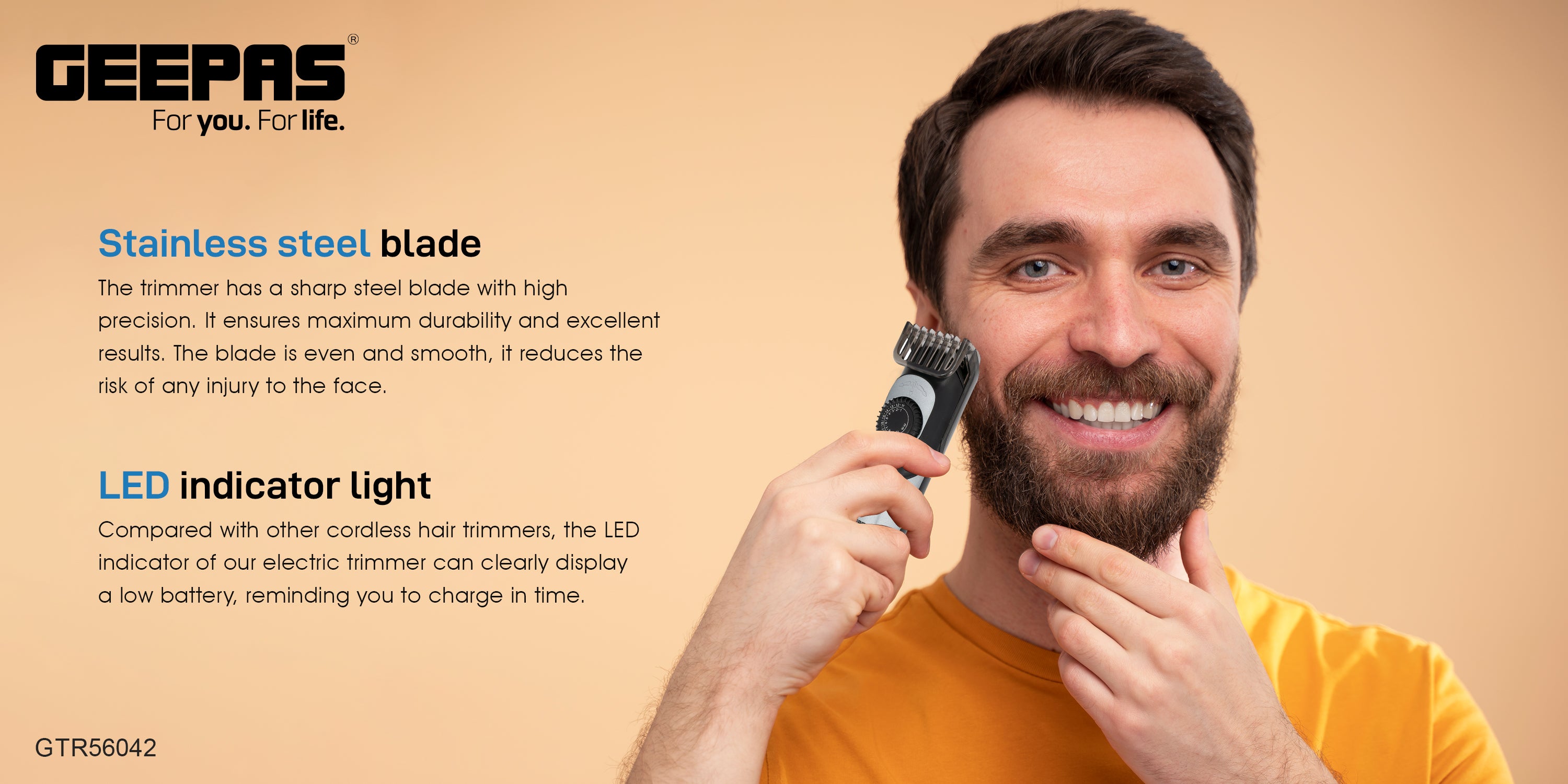 Rechargeable Hair Trimmer ION Battery GTR56042 - Stainless Steel Blade, Hair Clipper And Beard Trimmer With Sharp Blades, USB Charging 2 Comb Different Cutting Length Black