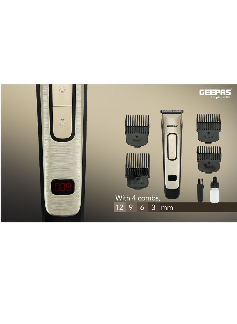 Geepas Rechargeable Hair Clipper GTR1383, Cordless Hair and Beard Trimmer with High Capacity Battery, Includes 4 Comb Attachments, Brush and Oil, Precision Steel Blade for Constant Cutting, Black and