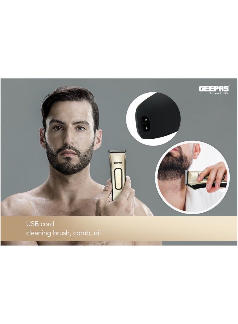 Geepas Rechargeable Hair Clipper GTR1383, Cordless Hair and Beard Trimmer with High Capacity Battery, Includes 4 Comb Attachments, Brush and Oil, Precision Steel Blade for Constant Cutting, Black and