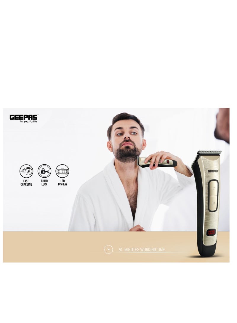 Geepas Rechargeable Hair Clipper GTR1383, Cordless Hair and Beard Trimmer with High Capacity Battery, Includes 4 Comb Attachments, Brush and Oil, Precision Steel Blade for Constant Cutting, Black and