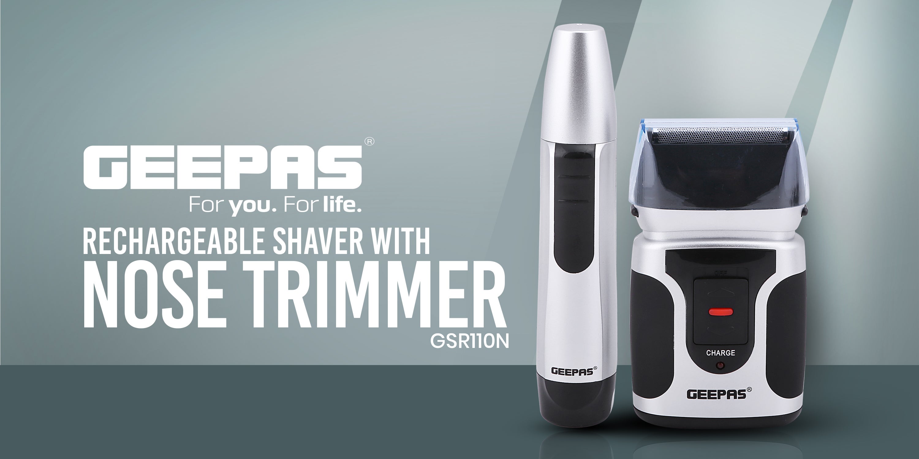 GSR110N 2 In Men's Rechargeable Shaver With Nose Trimmer - Mobile Shaver, Water Proof, Cordless Body Groomer With 2 Rapid Reciprocating Blades For Skin Comfort, Nose Trimmer Black/Gray