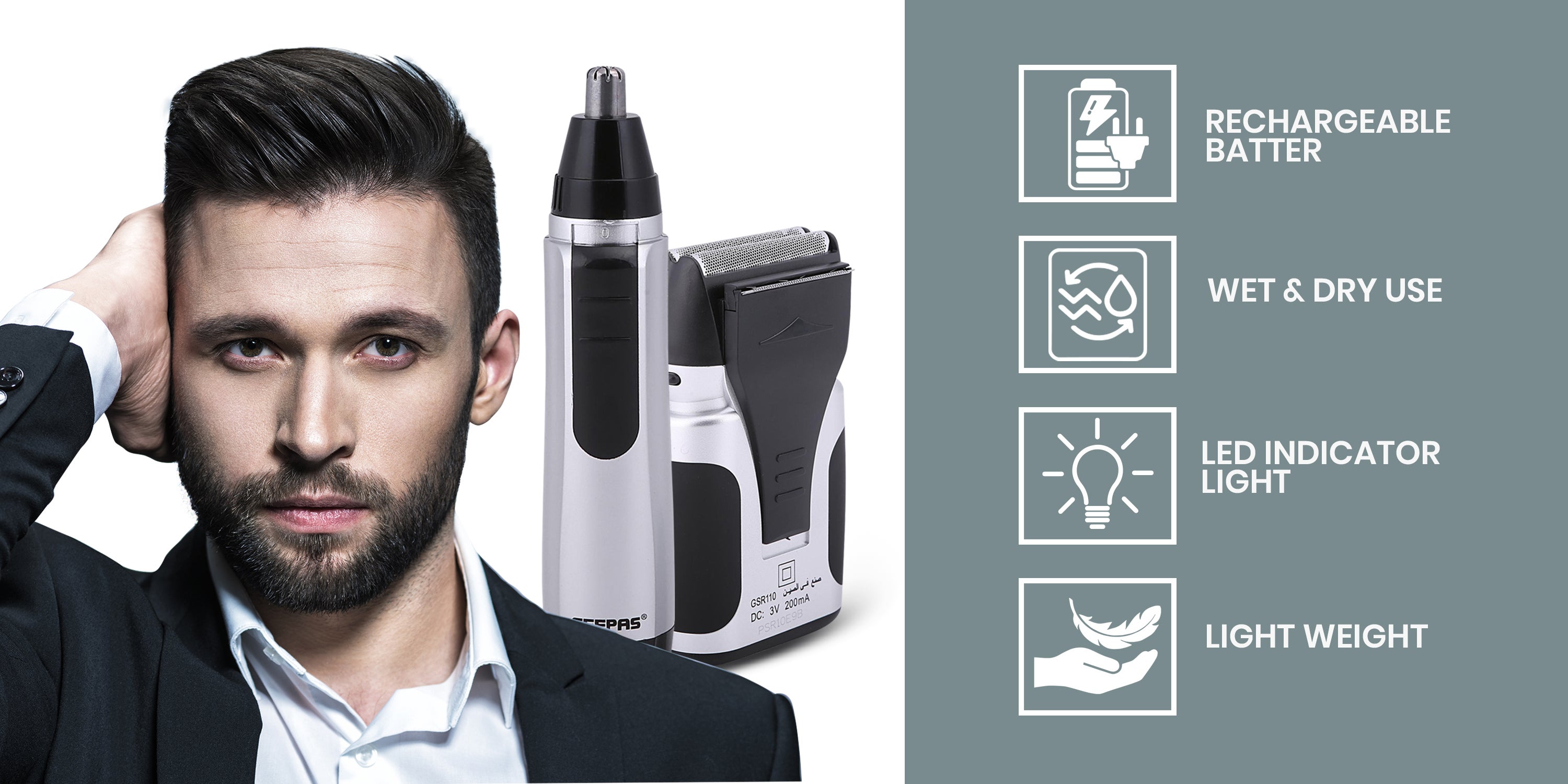 GSR110N 2 In Men's Rechargeable Shaver With Nose Trimmer - Mobile Shaver, Water Proof, Cordless Body Groomer With 2 Rapid Reciprocating Blades For Skin Comfort, Nose Trimmer Black/Gray