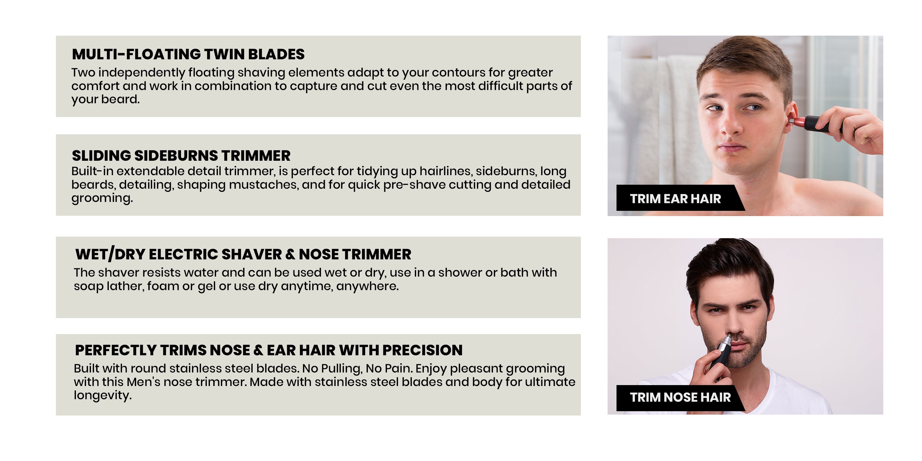 GSR110N 2 In Men's Rechargeable Shaver With Nose Trimmer - Mobile Shaver, Water Proof, Cordless Body Groomer With 2 Rapid Reciprocating Blades For Skin Comfort, Nose Trimmer Black/Gray