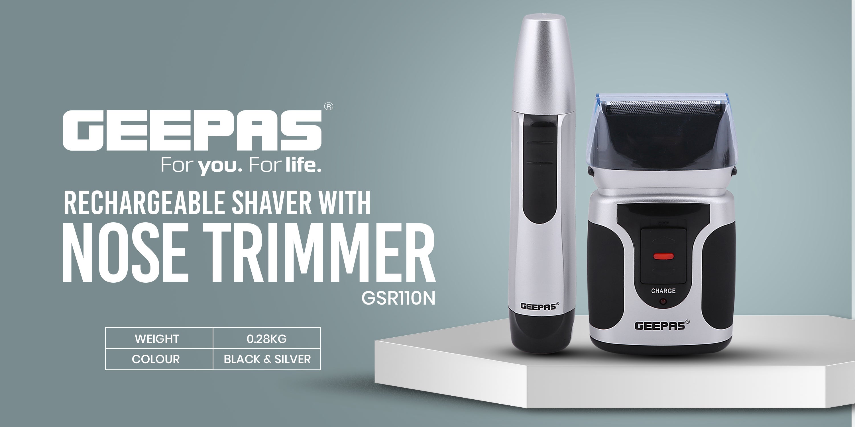 GSR110N 2 In Men's Rechargeable Shaver With Nose Trimmer - Mobile Shaver, Water Proof, Cordless Body Groomer With 2 Rapid Reciprocating Blades For Skin Comfort, Nose Trimmer Black/Gray