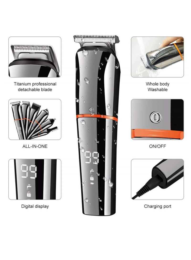 Beard Trimmer, Hair Clippers for Men, Body Mustache Nose Hair Groomer, Cordless Precision Hair Trimmer 6 in 1 Grooming Kit Waterproof USB Rechargeable and LED Display