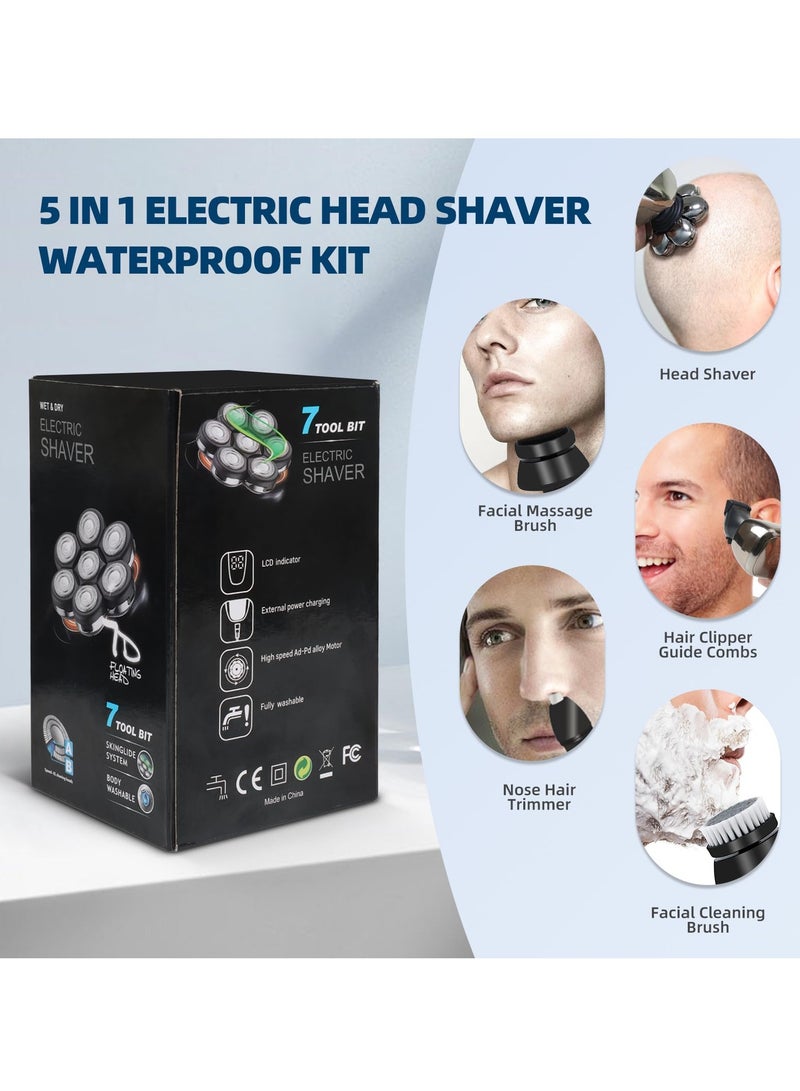 Men's Electric Shaver, 5 in 1 Electric Shaver for Men with Bald Qhecomce 7 Head Wet and Dry Shaver (Grey)