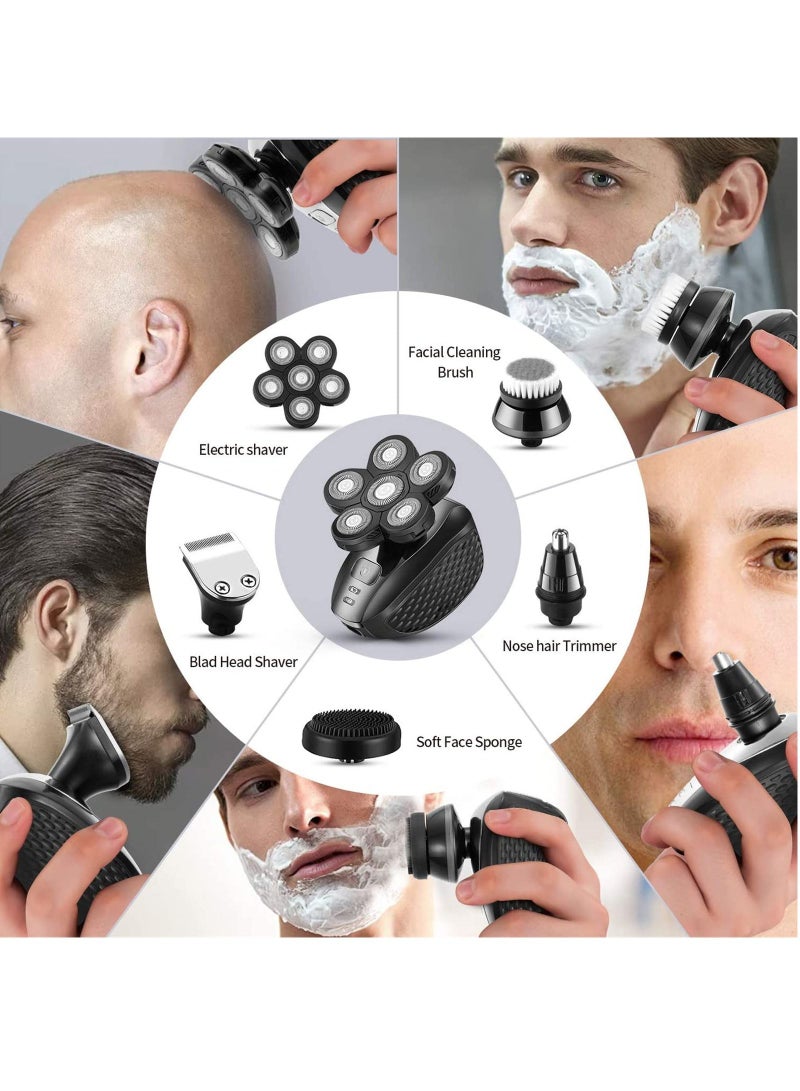 Electric Razor for Men, Multifunctional Bald Head Shaver Grooming Kit, Waterproof USB Rechargeable 5 in 1 Cordless Rotary Shavers with Beard Hair Nose Trimmer Facial Cleansing Massage Brush