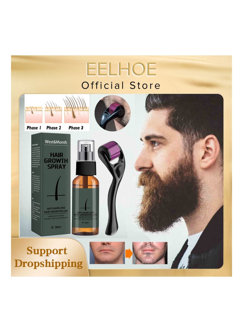 Beard Growth Spray Set for Men Nourishing Moisturizing Moustache Growth Enhancer Anti Hair Loss Care Serum with Beard Roller