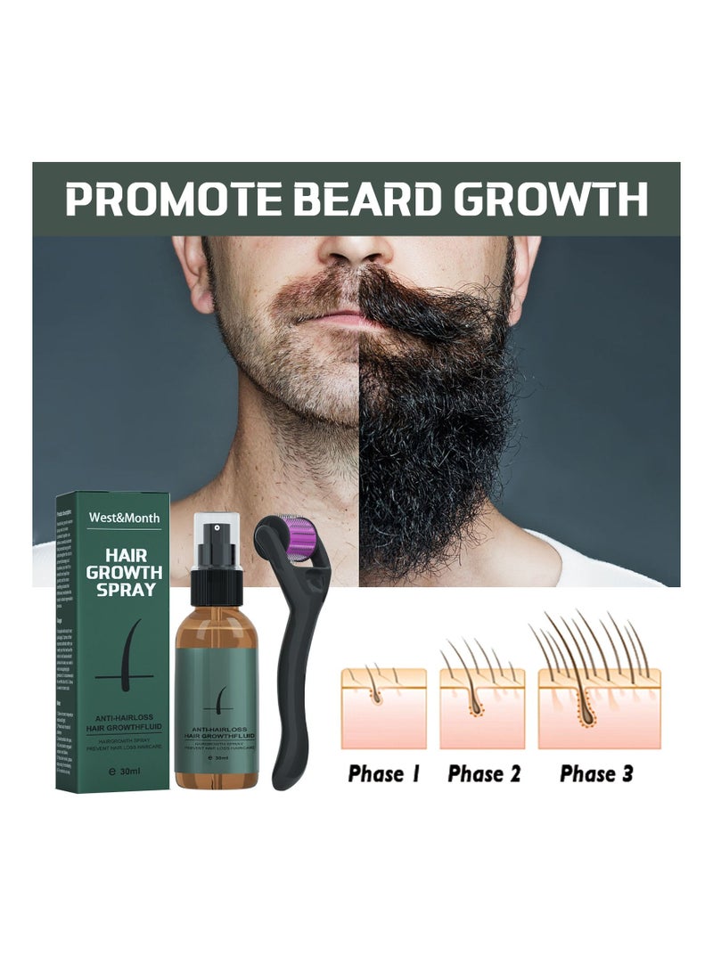 Beard Growth Spray Set for Men Nourishing Moisturizing Moustache Growth Enhancer Anti Hair Loss Care Serum with Beard Roller