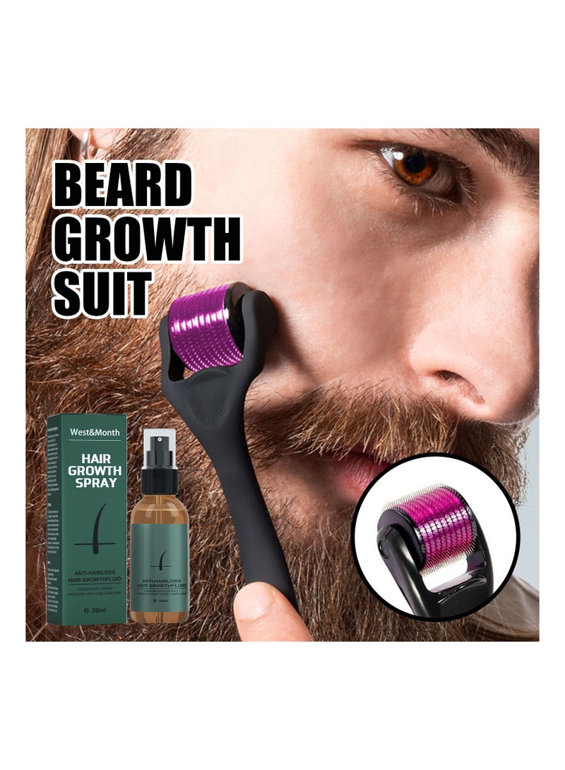 Beard Growth Spray Set for Men Nourishing Moisturizing Moustache Growth Enhancer Anti Hair Loss Care Serum with Beard Roller