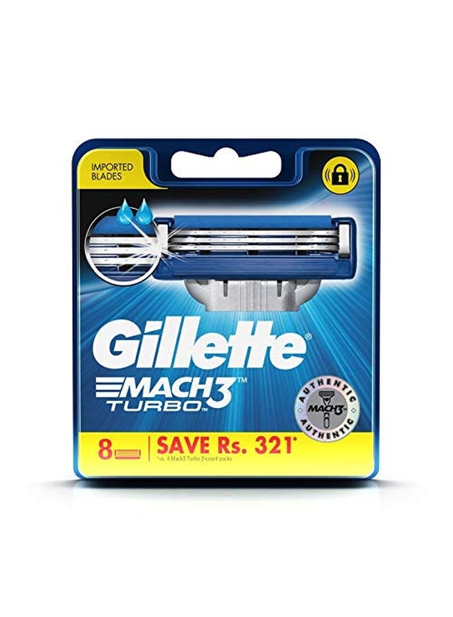 Pack Of 8 Mach 3 Turbo Shaving Razor Blades Silver/Blue