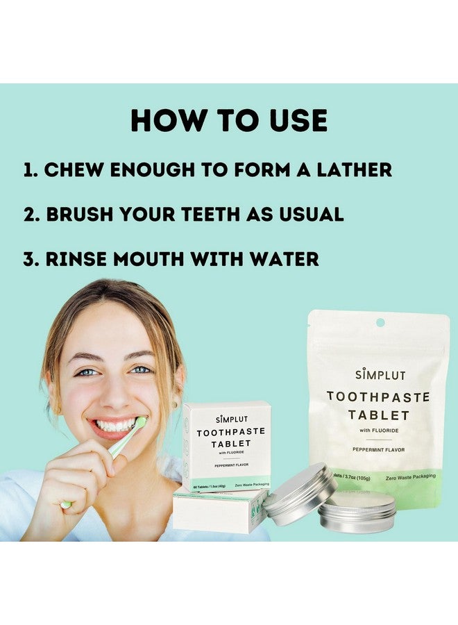 Chewable Toothpaste Tablets With Fluoride 60 Pack Travel Sized Oral Care Eco Friendly Vegan Dental Tabs For Brushing All Natural Sls Free Ingredients For Adults Peppermint Flavored