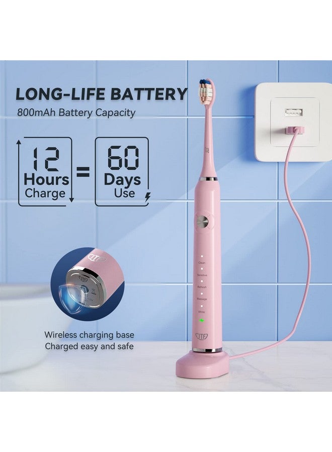 Sonic Electric Toothbrushwith Travel Case And 6 Brush Heads Fast Charging Toothbrushes For 60 Days Long Lasting 5 Modes Power Toothbrush For Women Pink