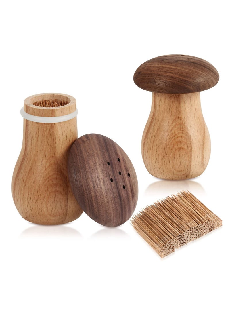 Toothpick Holder Dispenser, 2 Pcs Bamboo Toothpicks Wooden with Container Cute Decorative Mushroom Tooth Pick Holders for Home Decoration and Restaurant