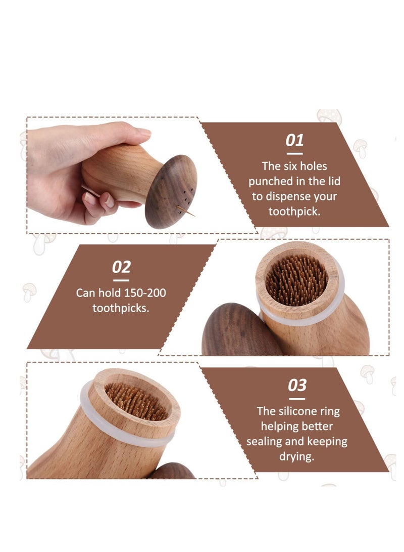 Toothpick Holder Dispenser, 2 Pcs Bamboo Toothpicks Wooden with Container Cute Decorative Mushroom Tooth Pick Holders for Home Decoration and Restaurant