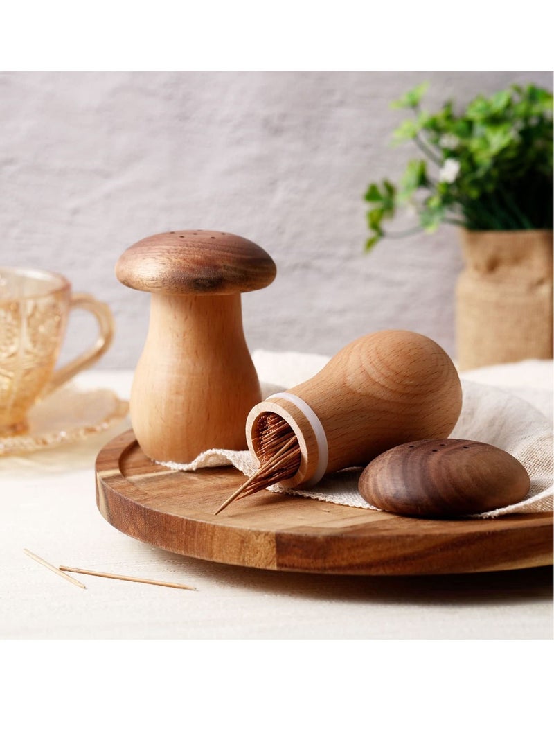 Toothpick Holder Dispenser, 2 Pcs Bamboo Toothpicks Wooden with Container Cute Decorative Mushroom Tooth Pick Holders for Home Decoration and Restaurant