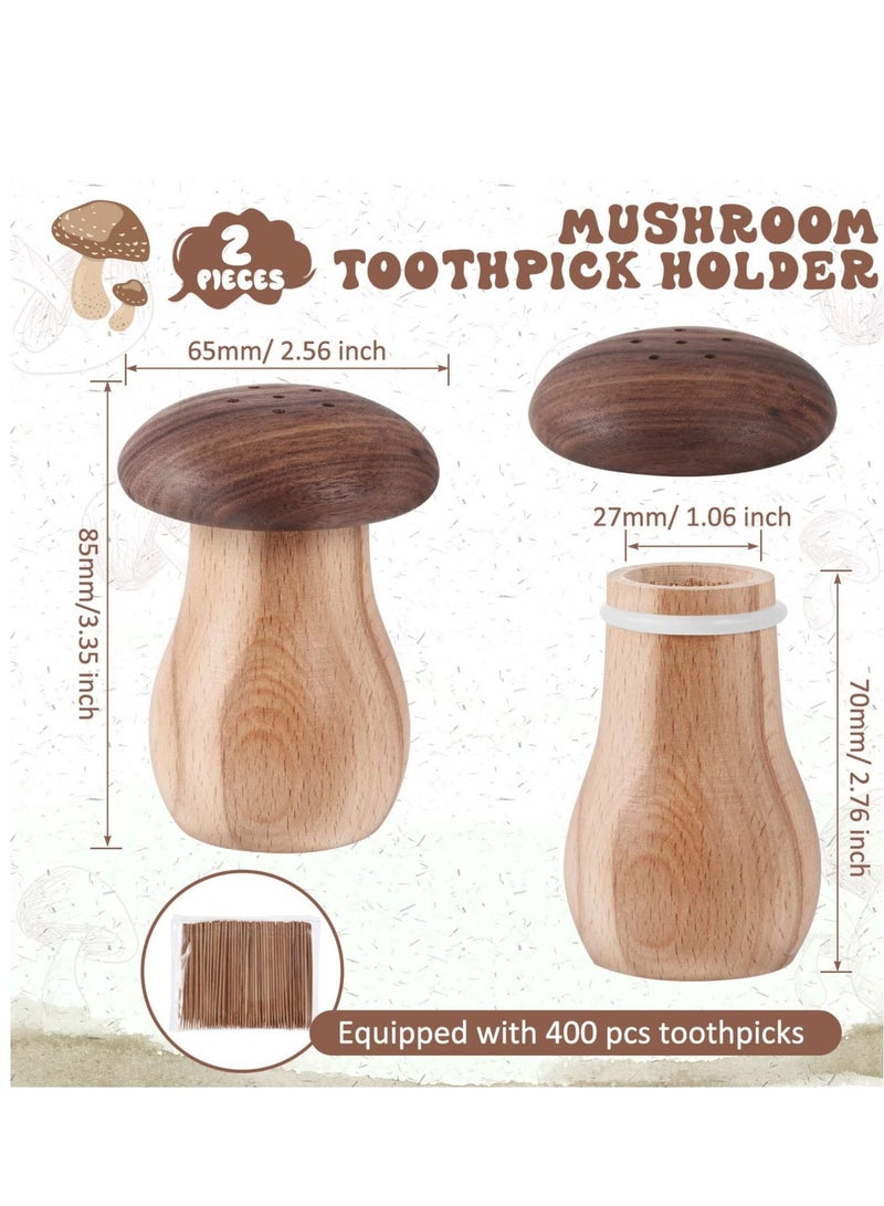 Toothpick Holder Dispenser, 2 Pcs Bamboo Toothpicks Wooden with Container Cute Decorative Mushroom Tooth Pick Holders for Home Decoration and Restaurant