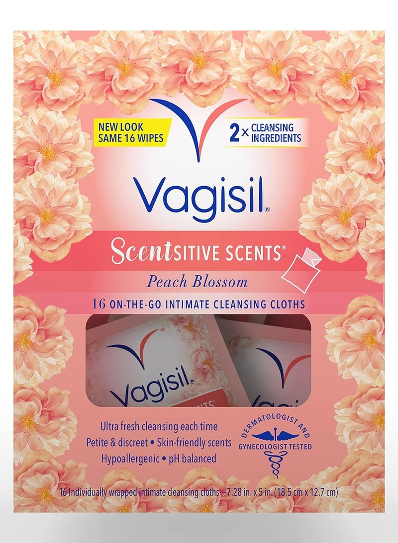 Vagisil Scentsitive Scents Peach Blossom Intimate Cleansing Wipes 16 Count