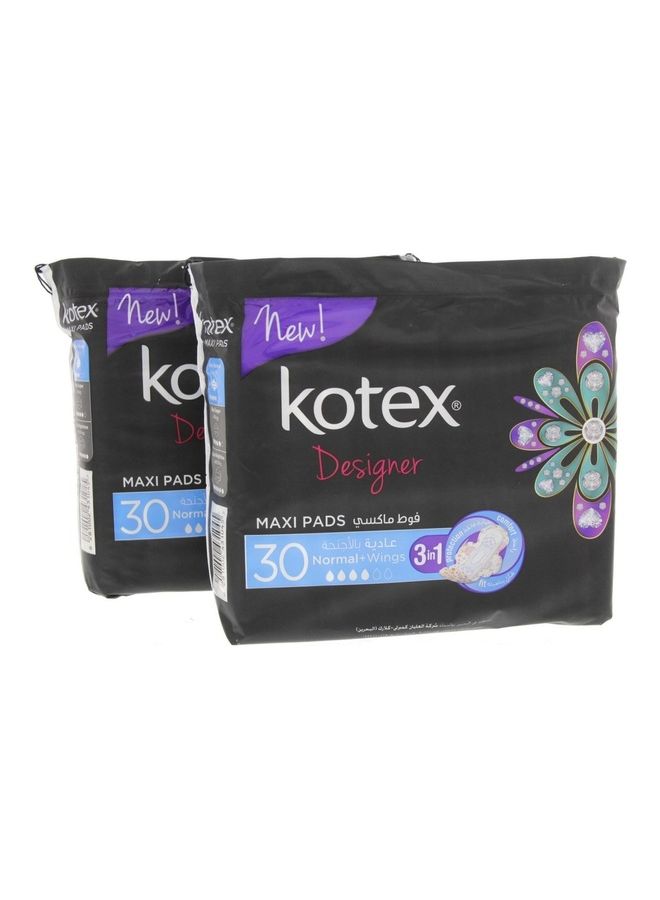 2-Pack 30-Piece Normal Maxi Pads With Wings Set White 30grams