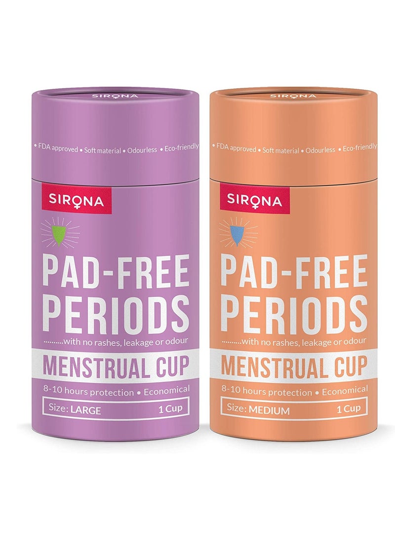 Sirona Reusable Menstrual Cup for Women with Pouch Ultra Soft Odour and Rash Free 100% Medical Grade Silicone No Leakage Protection for Up to 8-10 Hours FDA Approved Medium and Large - 2 PCs