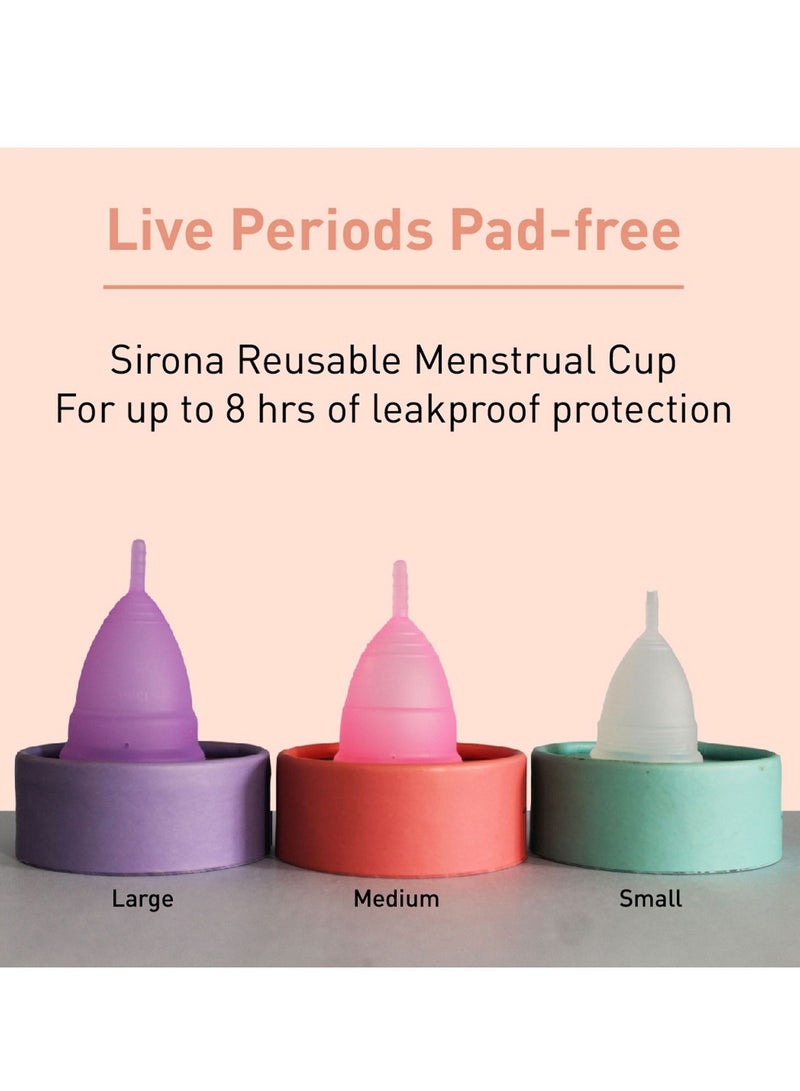 Sirona Pro Reusable Menstrual Cup Combo for Women with Pouch, Mini Intimate Wash & Cup Wash (15ml), Wear for 8-10 Hours, FDA Approved, Soft Period Cup Made with Medical-Grade Silicone, Large