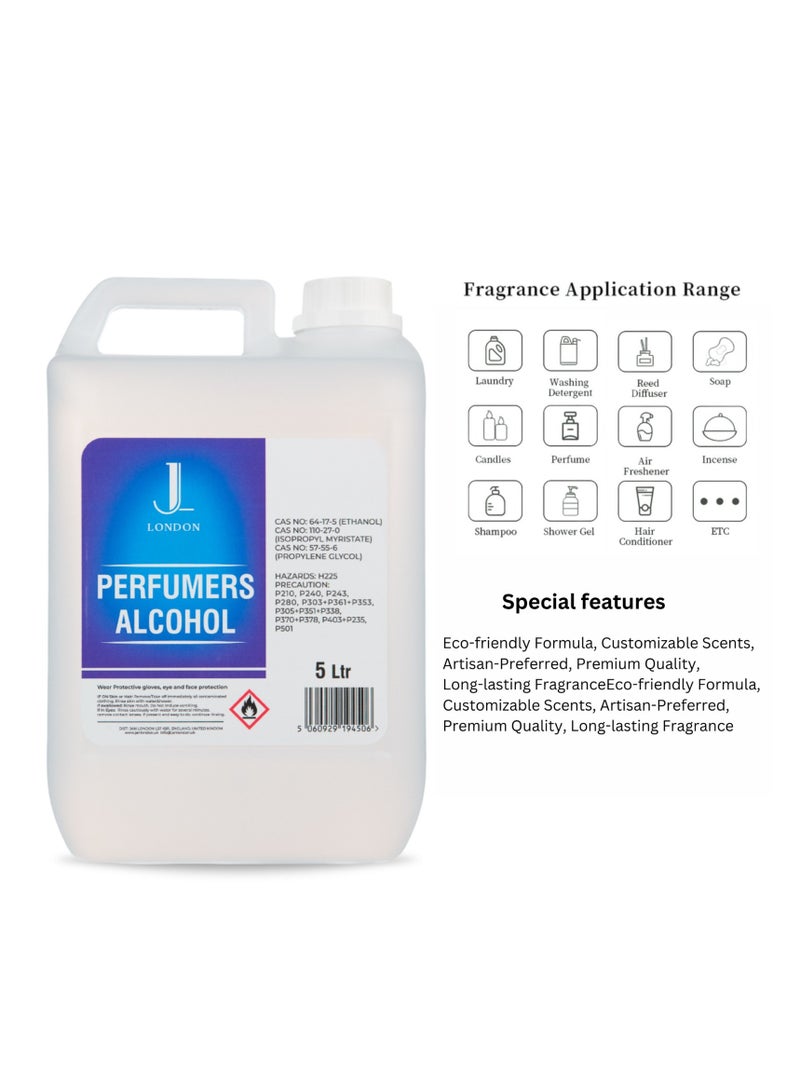 Jan London's Perfumers Alcohol, Ethanol, Isopropyl Myristate, and Propylene blend empowers you to create custom scents for perfumes, aftershaves, diffusers, and room sprays 5litre