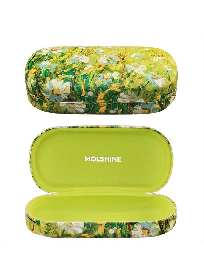 Hard Shell Leather Sunglasses Case,Classic Large Glasses Case for Women Men,Sunglass Eyeglasses (Green Daisy)