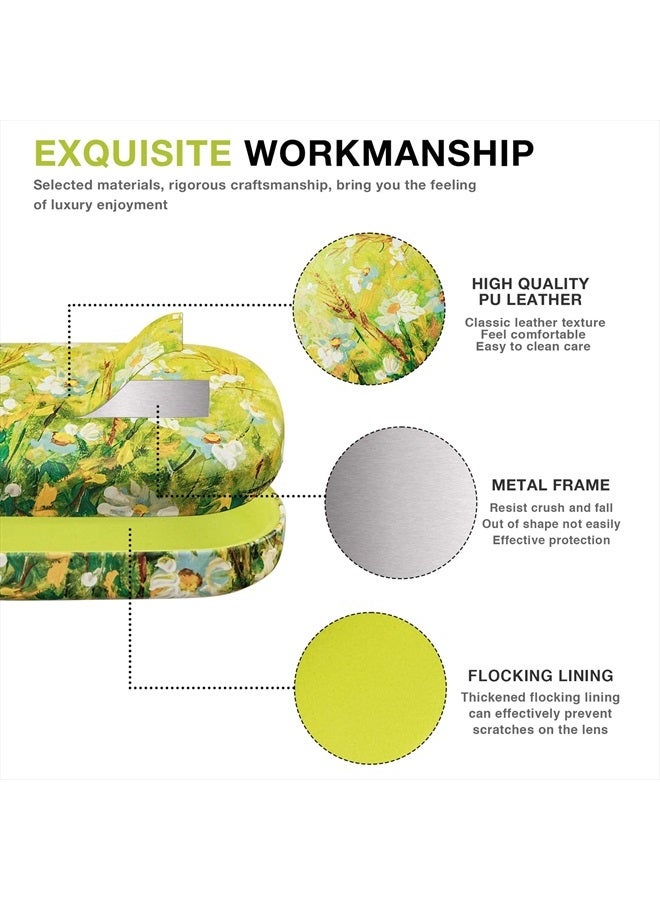 Hard Shell Leather Sunglasses Case,Classic Large Glasses Case for Women Men,Sunglass Eyeglasses (Green Daisy)