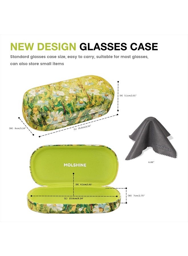 Hard Shell Leather Sunglasses Case,Classic Large Glasses Case for Women Men,Sunglass Eyeglasses (Green Daisy)