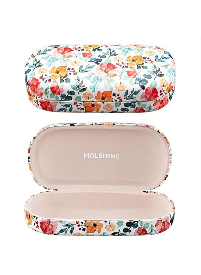 Hard Shell Leather Sunglasses Case,Classic Large Glasses Case for Women Men,Sunglass Eyeglasses (White Flower)