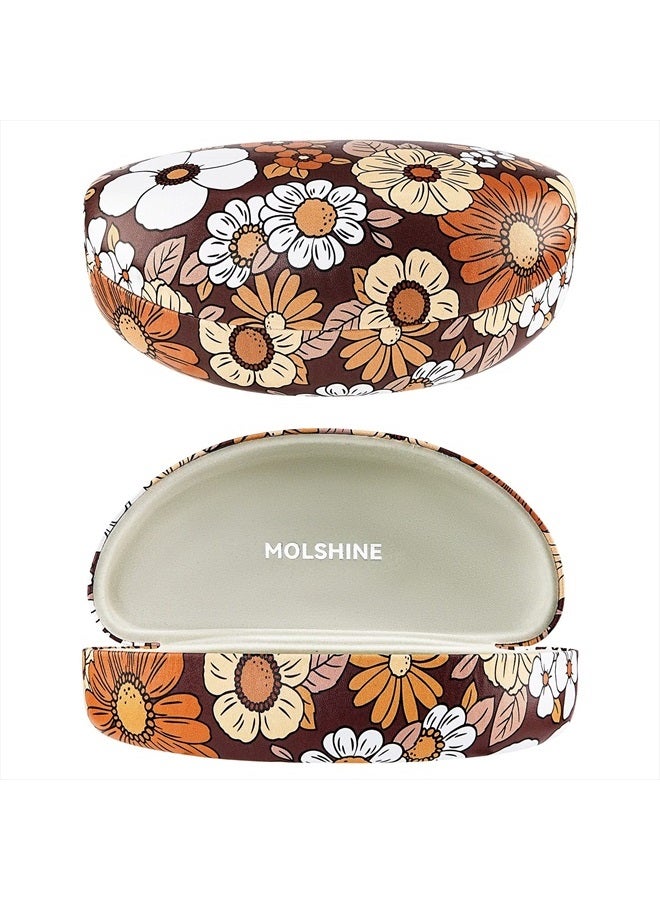Hard Shell Sunglasses Case,Large Glasses Case for Women Men Oversized Sunglass Eyeglasses (Brown Flowers)
