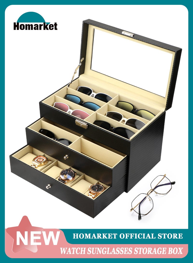 Leather 12 Watch Box Jewelry Case and 12 Piece Eyeglasses Storage and Sunglass Glasses Display Drawer Lockable Case Organizer,Jewelry Display Box Organizer (12 Grid Glasses Box+12 Grid Watch Box)