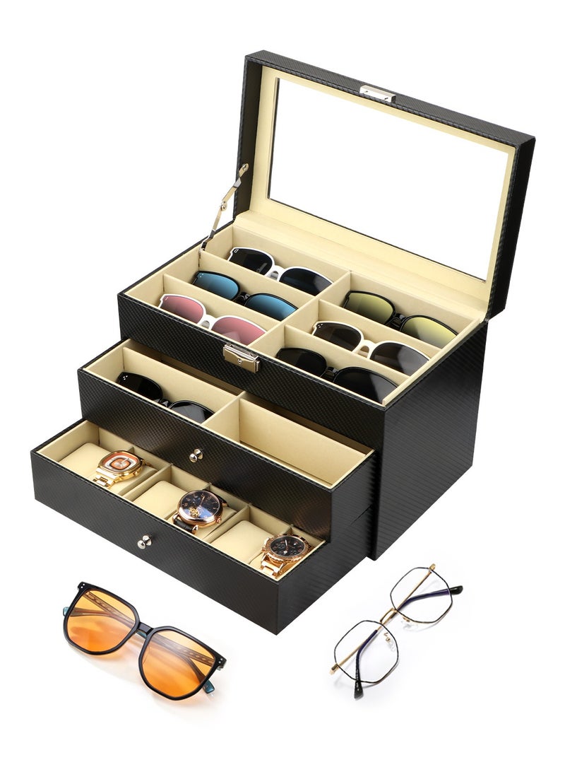 Leather 12 Watch Box Jewelry Case and 12 Piece Eyeglasses Storage and Sunglass Glasses Display Drawer Lockable Case Organizer,Jewelry Display Box Organizer (12 Grid Glasses Box+12 Grid Watch Box)