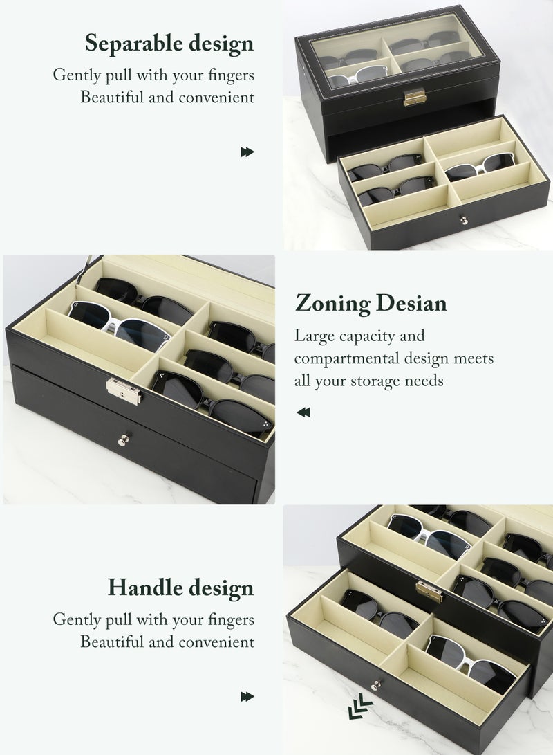 12 Grids Sunglass Organizer Leather Eyeglasses Collector Double-Layer Eyewear Display Case Lockable Storage Box, Black