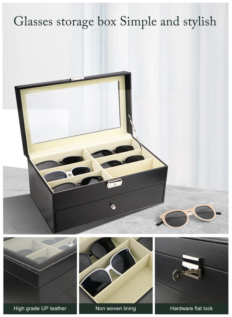 12 Grids Sunglass Organizer Leather Eyeglasses Collector Double-Layer Eyewear Display Case Lockable Storage Box, Black