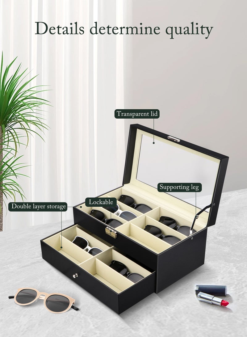 12 Grids Sunglass Organizer Leather Eyeglasses Collector Double-Layer Eyewear Display Case Lockable Storage Box, Black