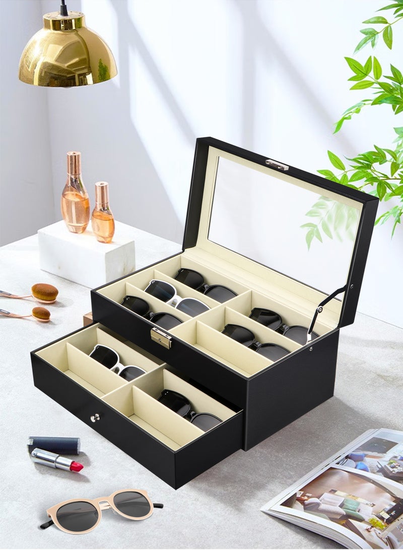 12 Grids Sunglass Organizer Leather Eyeglasses Collector Double-Layer Eyewear Display Case Lockable Storage Box, Black