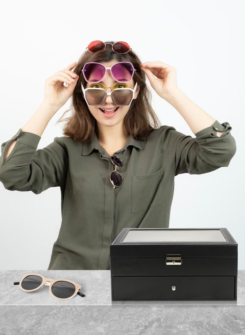 12 Grids Sunglass Organizer Leather Eyeglasses Collector Double-Layer Eyewear Display Case Lockable Storage Box, Black
