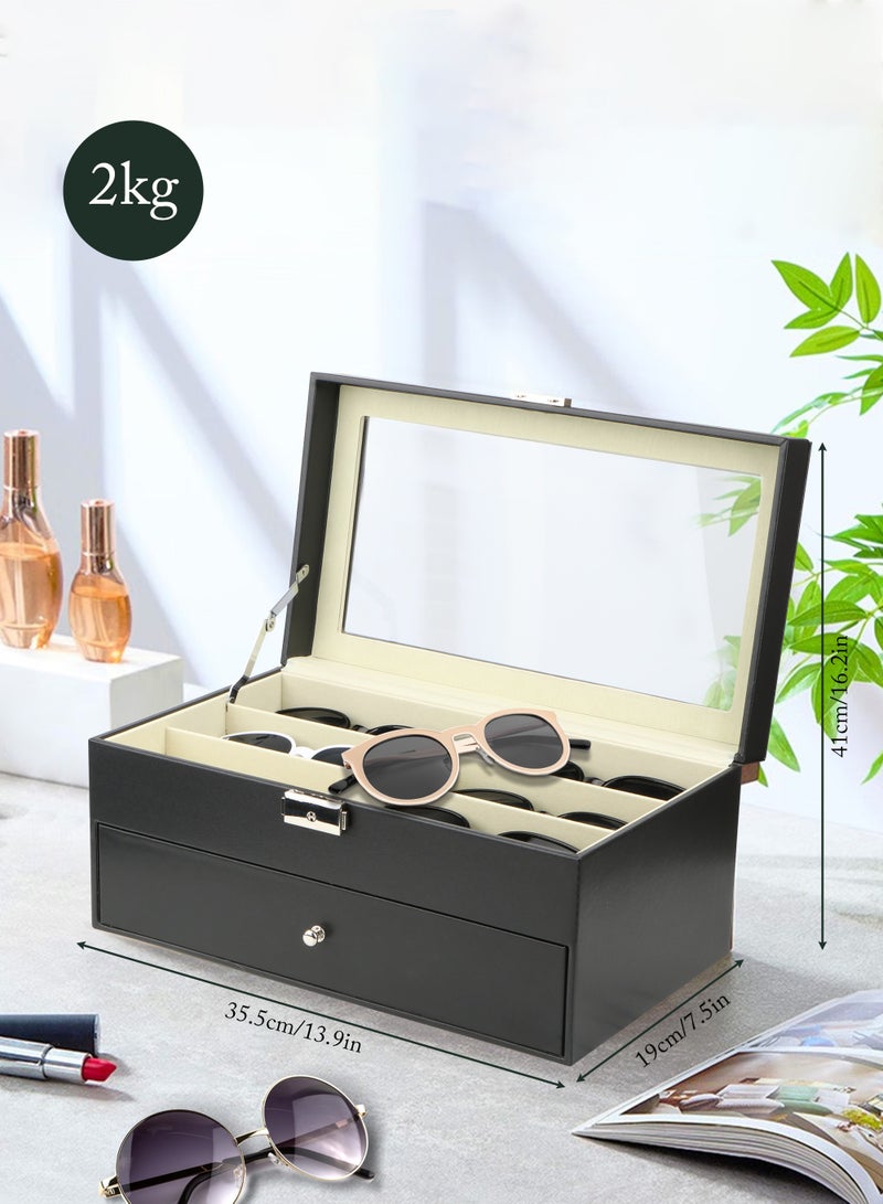 12 Grids Sunglass Organizer Leather Eyeglasses Collector Double-Layer Eyewear Display Case Lockable Storage Box, Black