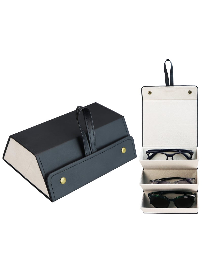 Travel Sunglasses Organizer, Foldable PU Leather Multi Glasses 3 Slot Display Container Portable Glasses Storage Bag Ladies Men Hanging Glasses Holder (Black)
