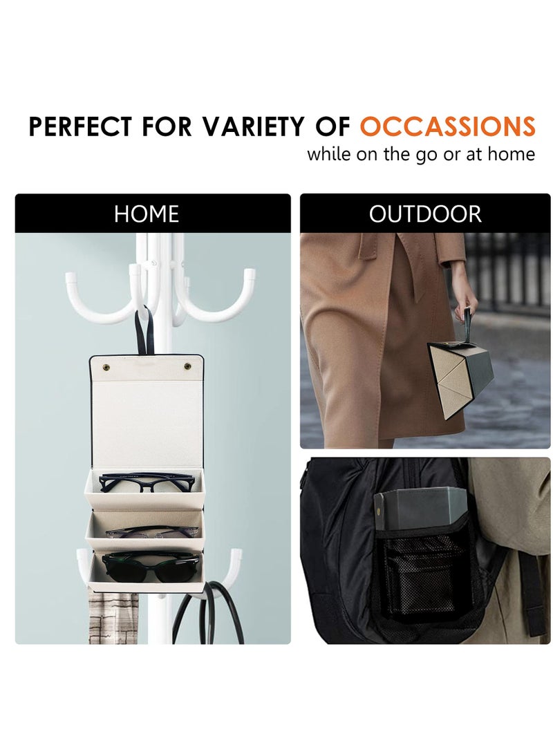 Travel Sunglasses Organizer, Foldable PU Leather Multi Glasses 3 Slot Display Container Portable Glasses Storage Bag Ladies Men Hanging Glasses Holder (Black)