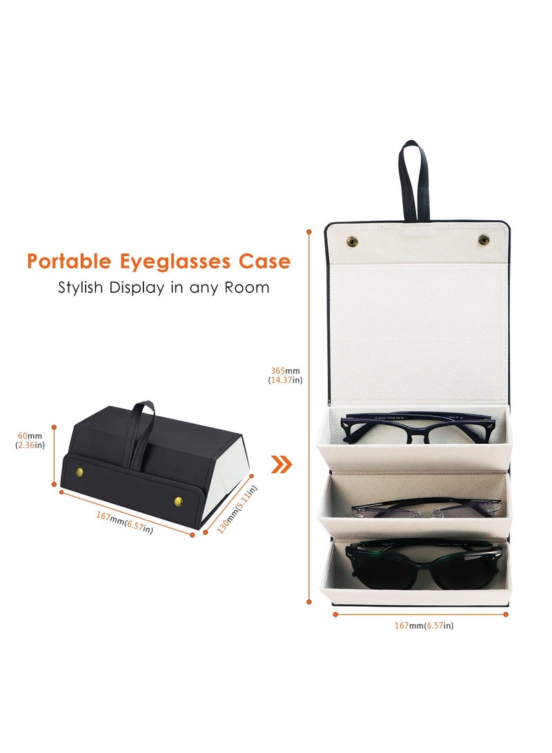 Travel Sunglasses Organizer, Foldable PU Leather Multi Glasses 3 Slot Display Container Portable Glasses Storage Bag Ladies Men Hanging Glasses Holder (Black)