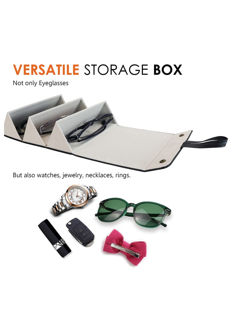 Travel Sunglasses Organizer, Foldable PU Leather Multi Glasses 3 Slot Display Container Portable Glasses Storage Bag Ladies Men Hanging Glasses Holder (Black)