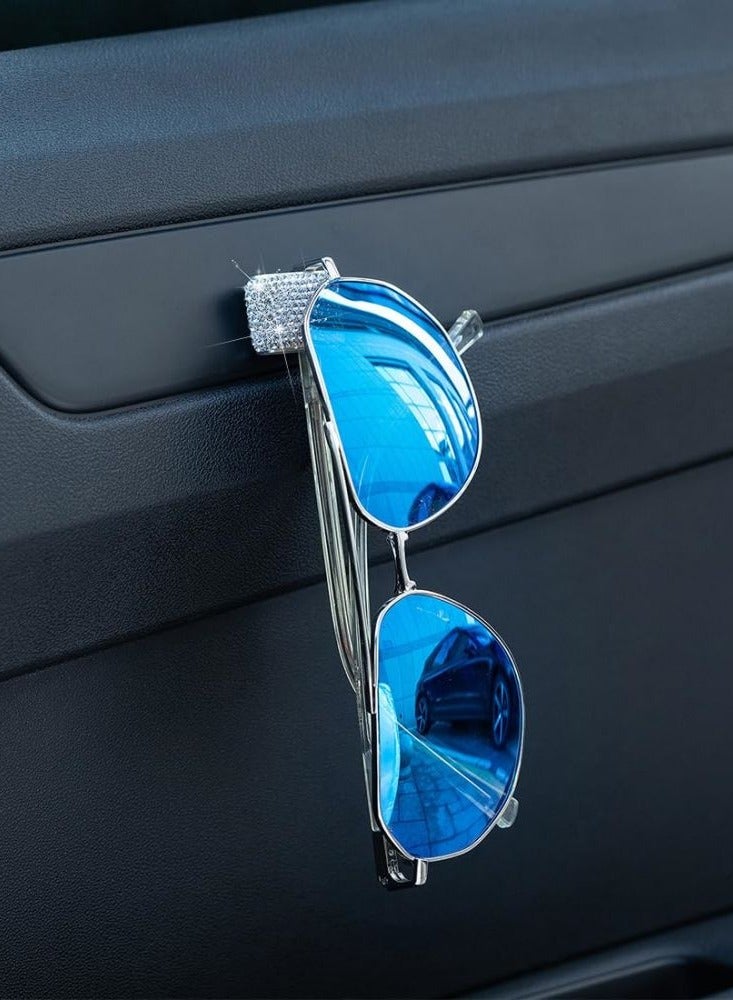 2 PCS Car Sunglasses Holder Glasses Eyeglasses Hanger Hooks White Bling Diamond Rhinestone Decorations for Car Dashboard Door Decors