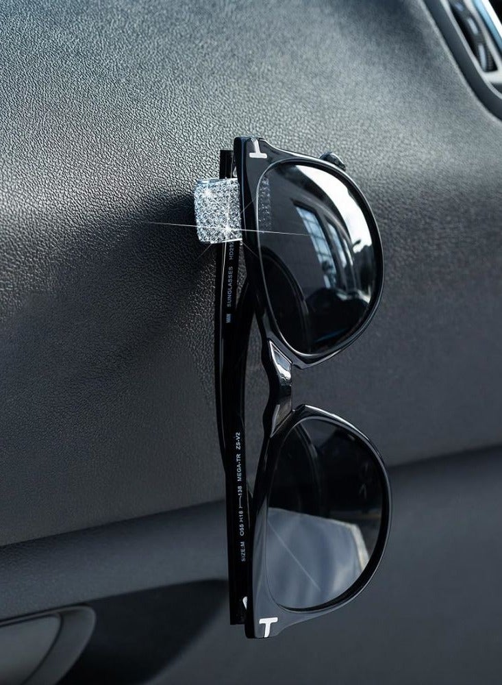 2 PCS Car Sunglasses Holder Glasses Eyeglasses Hanger Hooks White Bling Diamond Rhinestone Decorations for Car Dashboard Door Decors