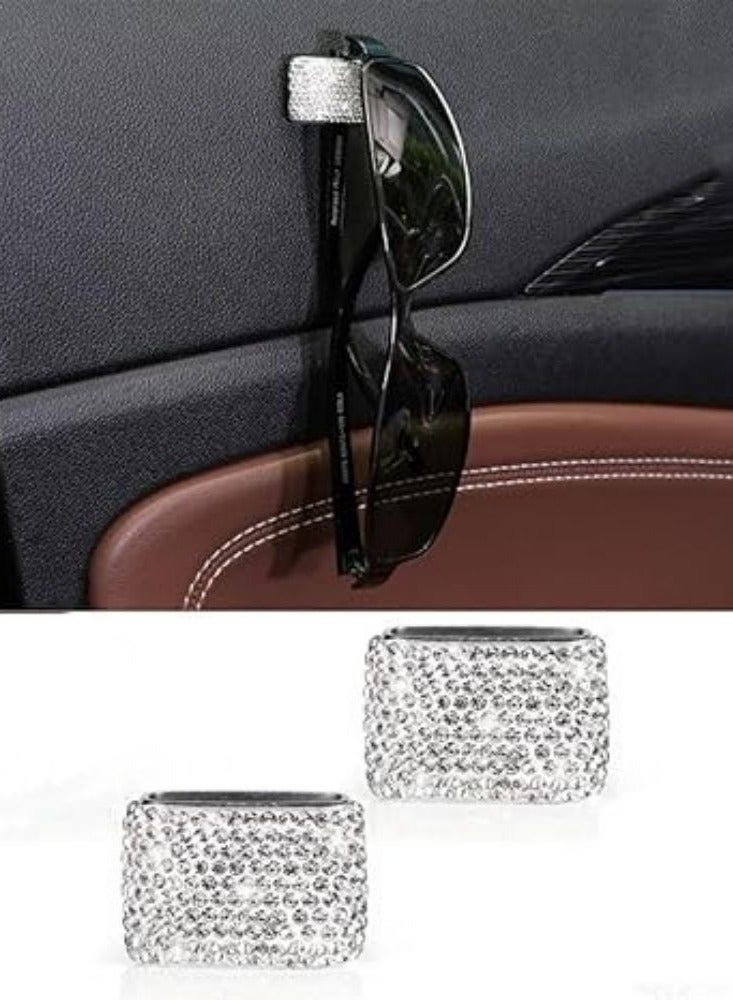 2 PCS Car Sunglasses Holder Glasses Eyeglasses Hanger Hooks White Bling Diamond Rhinestone Decorations for Car Dashboard Door Decors