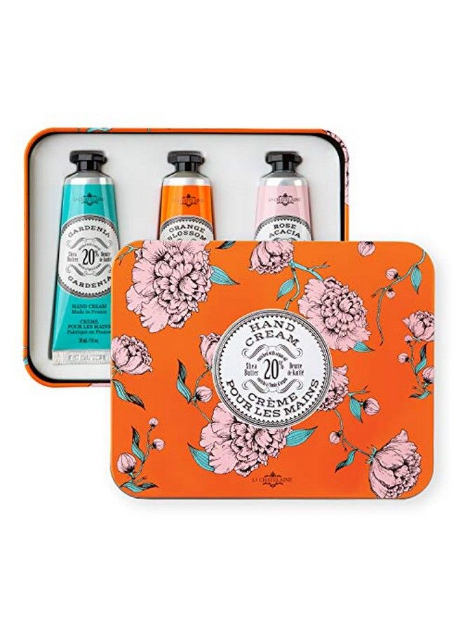 Hand Cream Trio Tin Gift Set ; Plantbased ; Made In France With 20% Organic Shea Butter (Gardenia Orange Blossom (Or Cinnamon Orange) And Rose Acacia) 3 X 1 Fl Oz