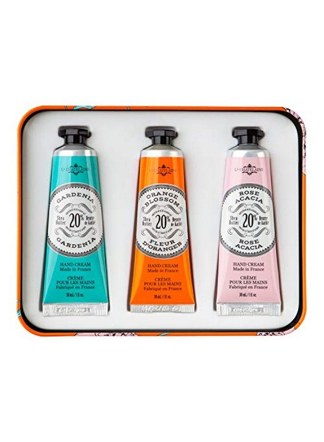 Hand Cream Trio Tin Gift Set ; Plantbased ; Made In France With 20% Organic Shea Butter (Gardenia Orange Blossom (Or Cinnamon Orange) And Rose Acacia) 3 X 1 Fl Oz